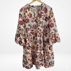 Boden 100% Linen Tiered Floral Smock Dress Boho Bell Sleeve Pink Multi